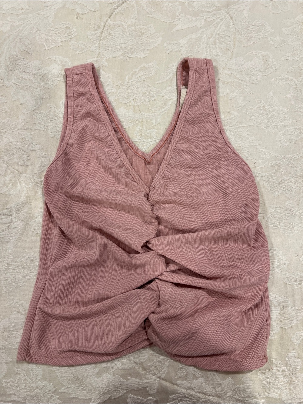 Twist-Front Ribbed V-Neck Tank Top - Dusty Rose